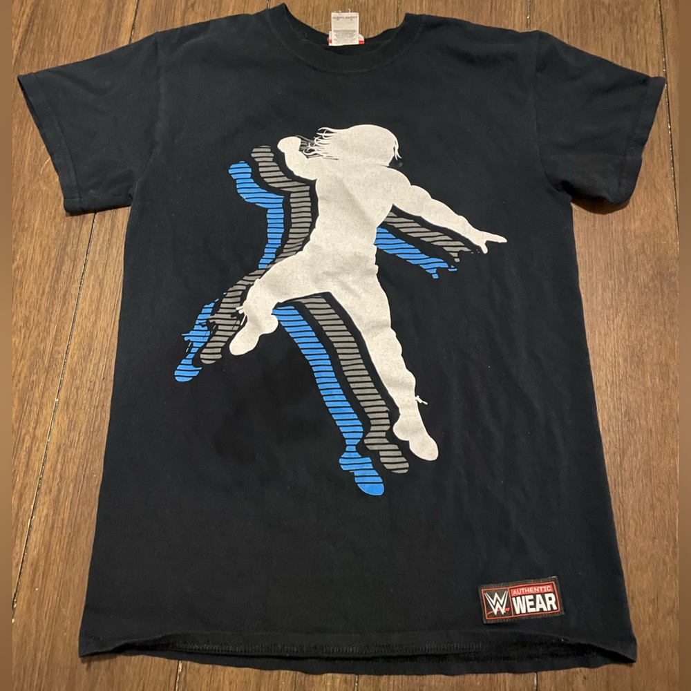 WWE Black T‑Shirt with White and Blue Silhouette Graphic